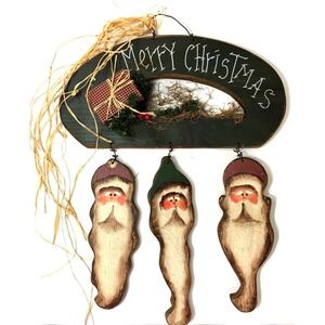 Rustic Merry Christmas Wood Sign Santa Claus Ornaments Raffia Country Primitive